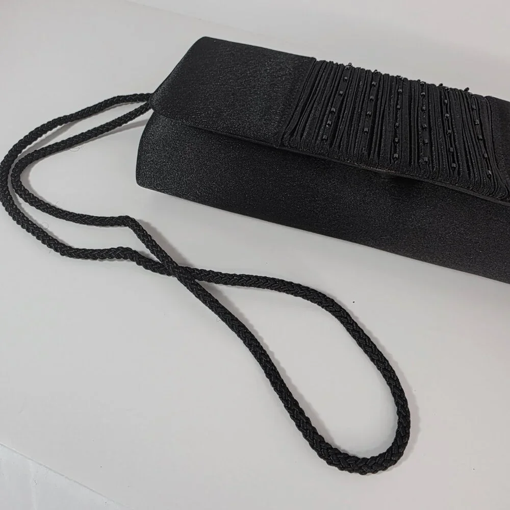 Black Satin Beaded Clutch Evening Bag Crossbody Formal - Picture 5 of 12